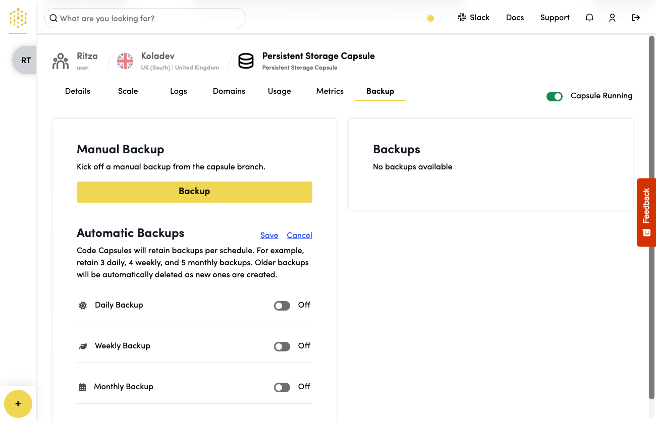 Storage Capsule backups configuration interface