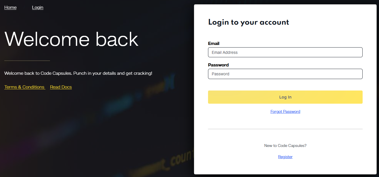 Code Capsules login page