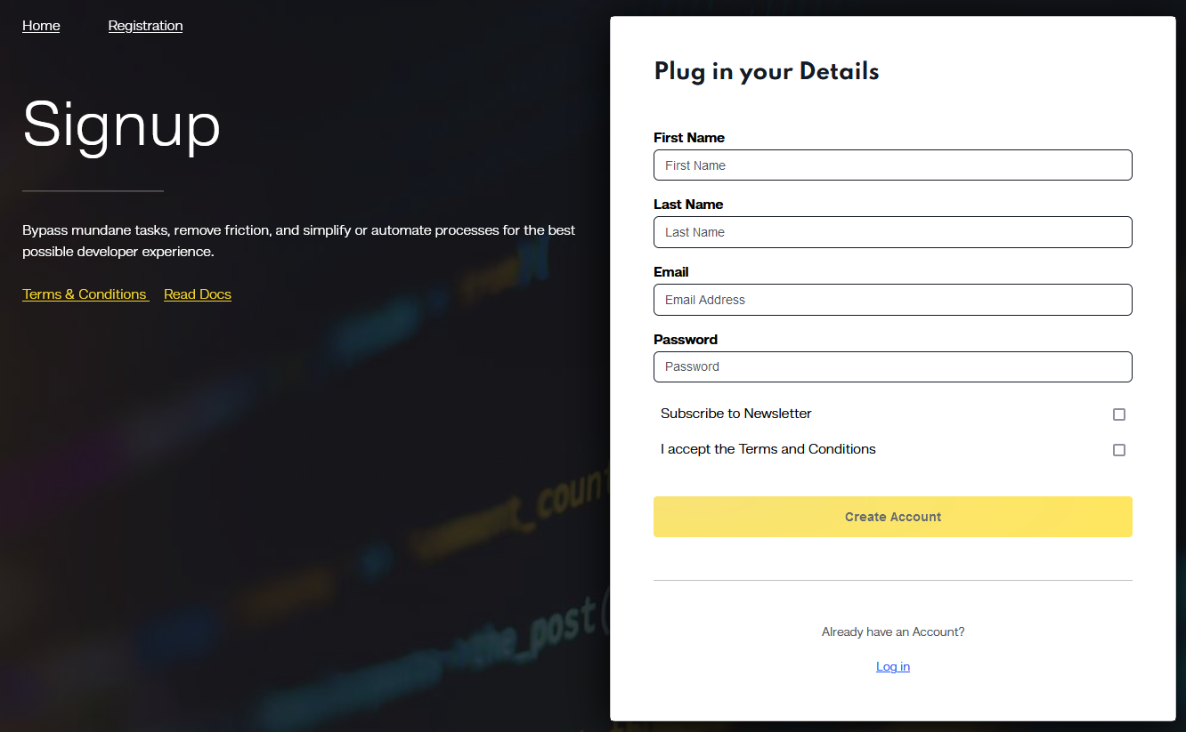 Register a new account on Code Capsules